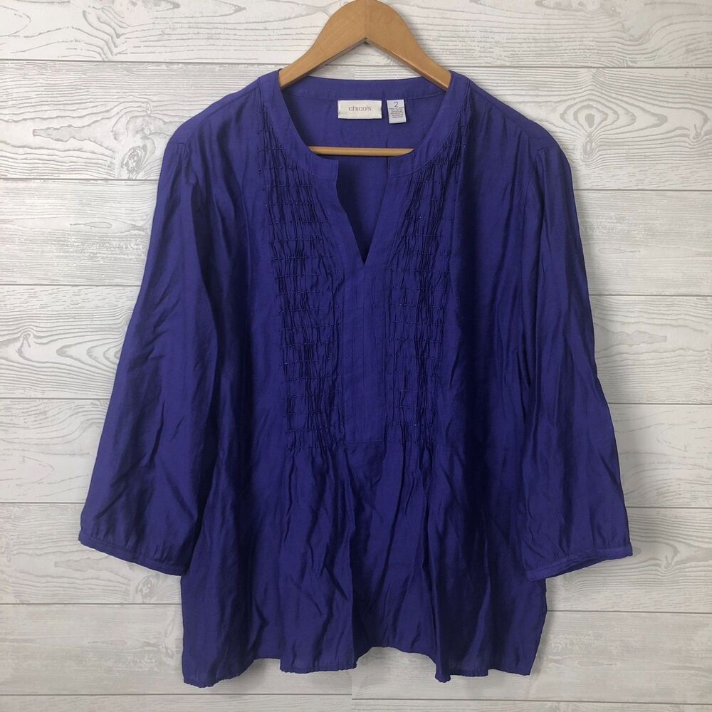 Chico's Women's Size 2/Large V Neck Blouse Pintuck Front 3/4 Sleeve Shirt Blue